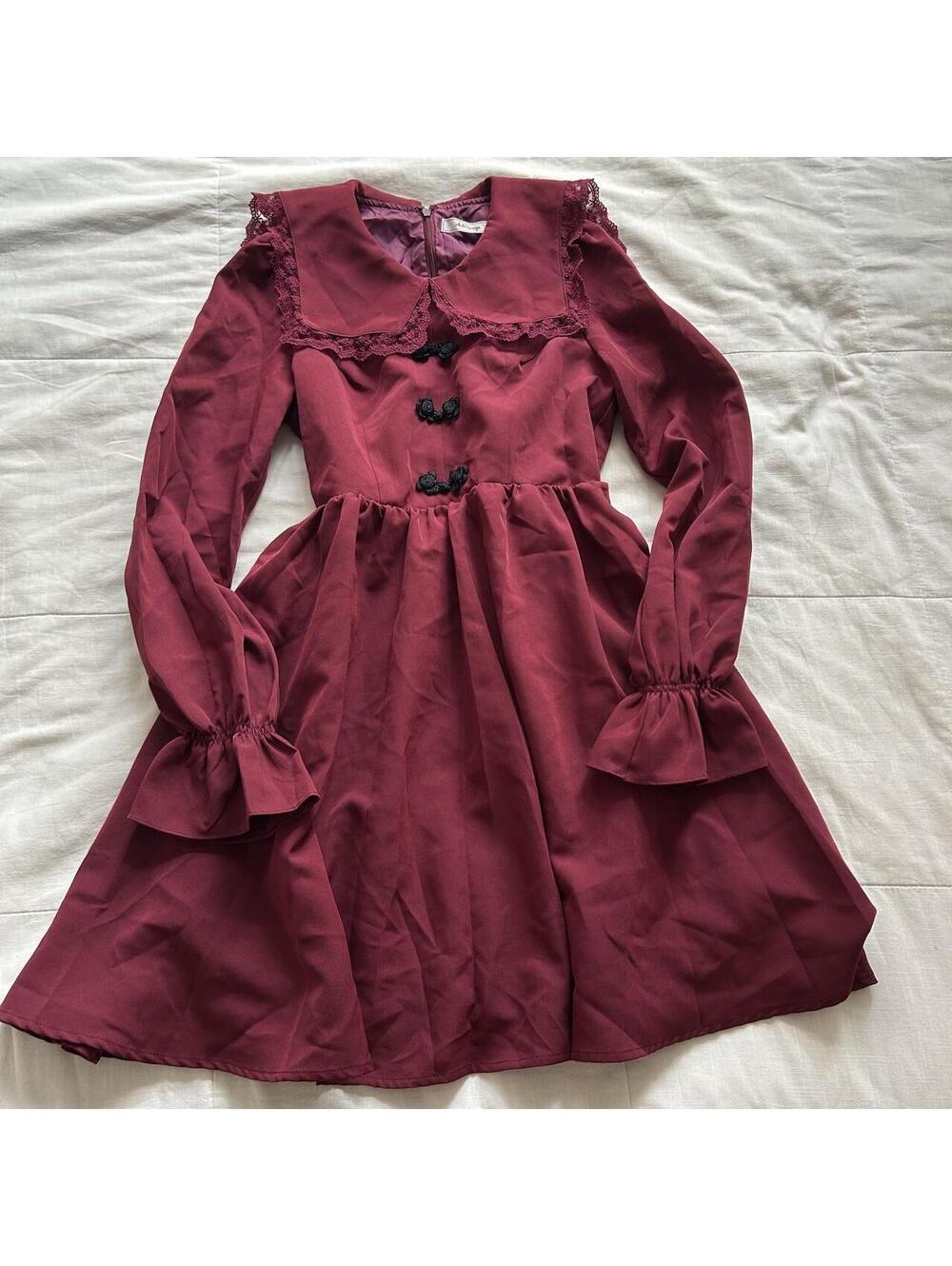 Ank Rouge Burgundy Lace Peter Pan Collar Rosette Ruffle Sleeve Dress S Japan